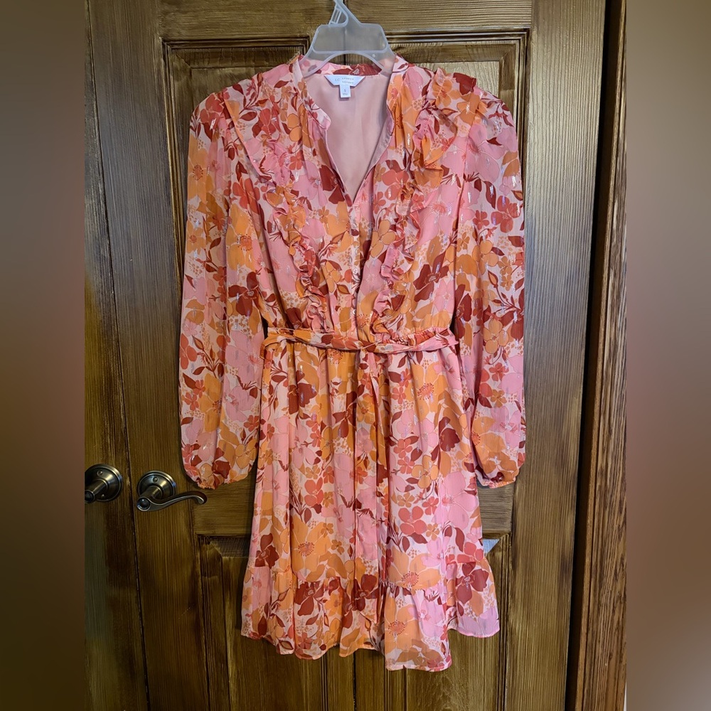 Lauren Conrad Pink and Orange Floral Metallic Ruffed Long Sleeve Belted Dress